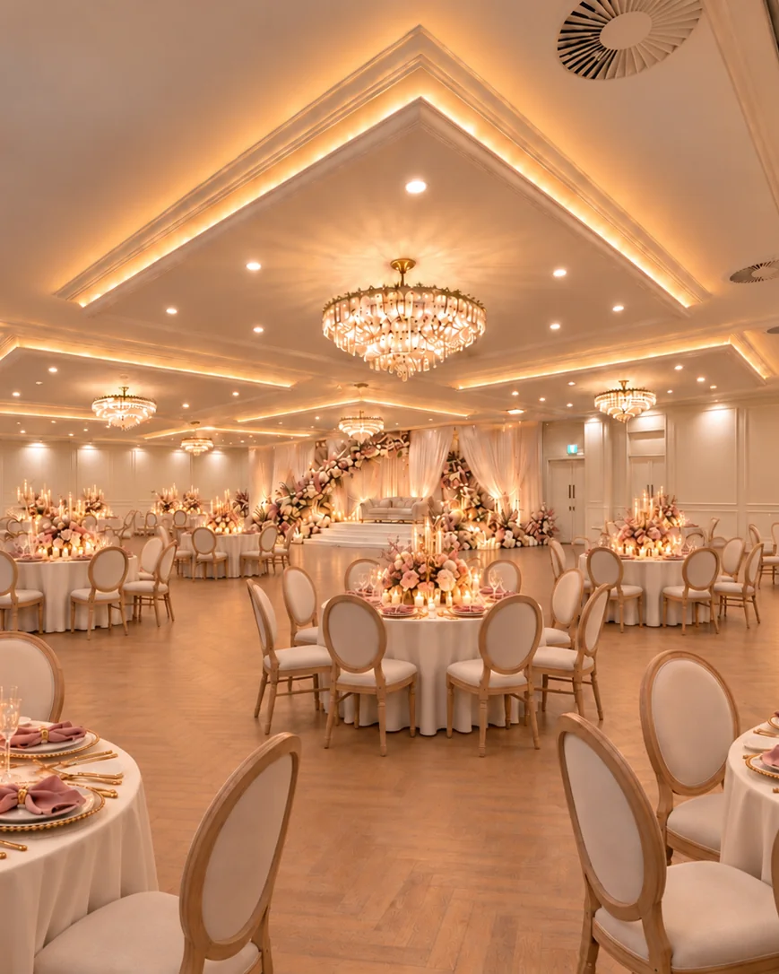 De zaal in roze en goud